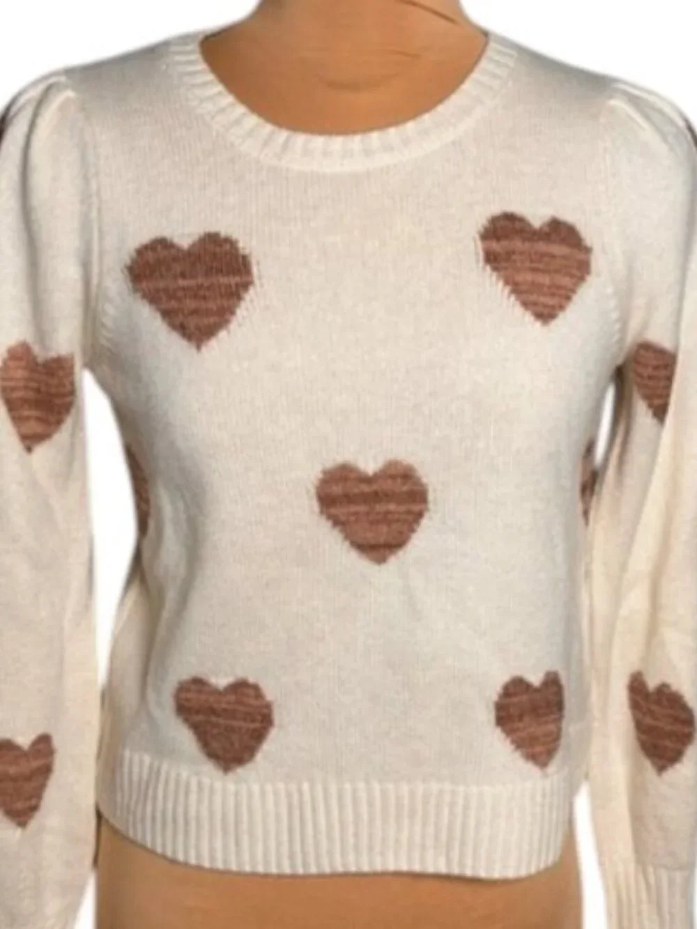 Splendid Cream Heart Sweater Bronze Lurex Hearts Soft Knit Crew Neck Size XS